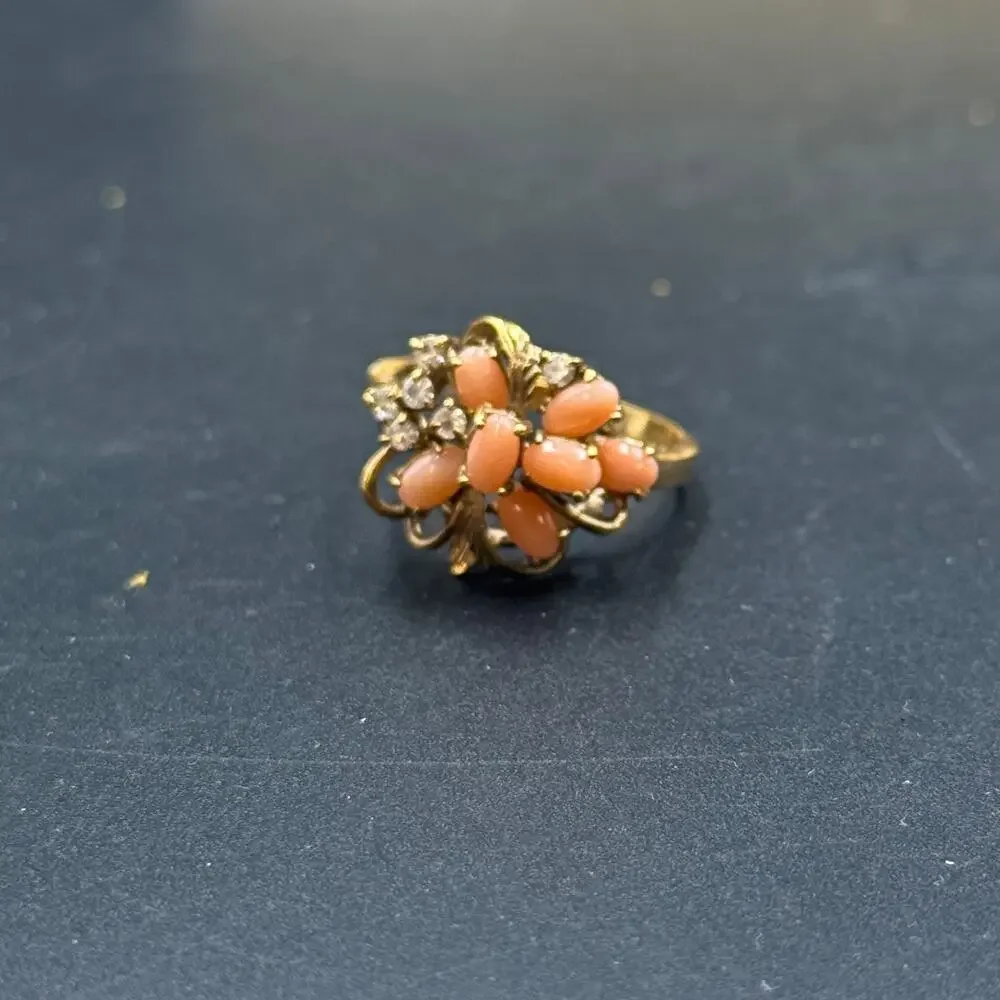 Vintage Cocktail Floral Cluster Ring Coral Cabochon Gold Tone